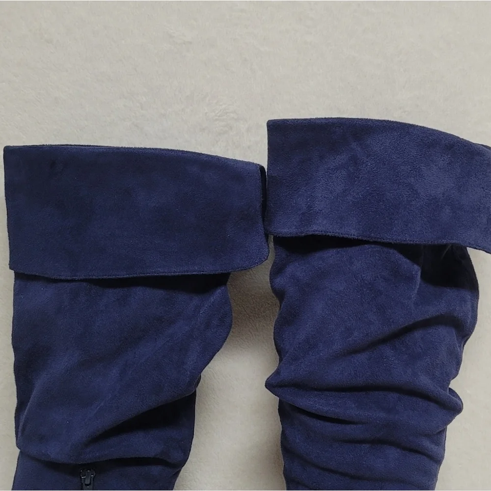 90s Vintage Skechers Blue Faux Suede Cuffed Tapered Heel Knee High Slouch Boots